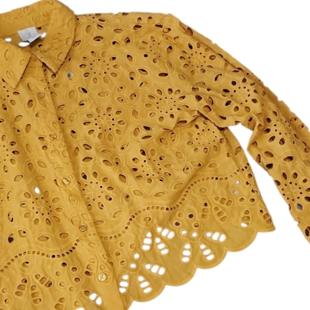 JOIE | Yellow Eyelet Lace Cropped Romantic Boho Feminine Boxy Button Blouse | M - Picture 2 of 12